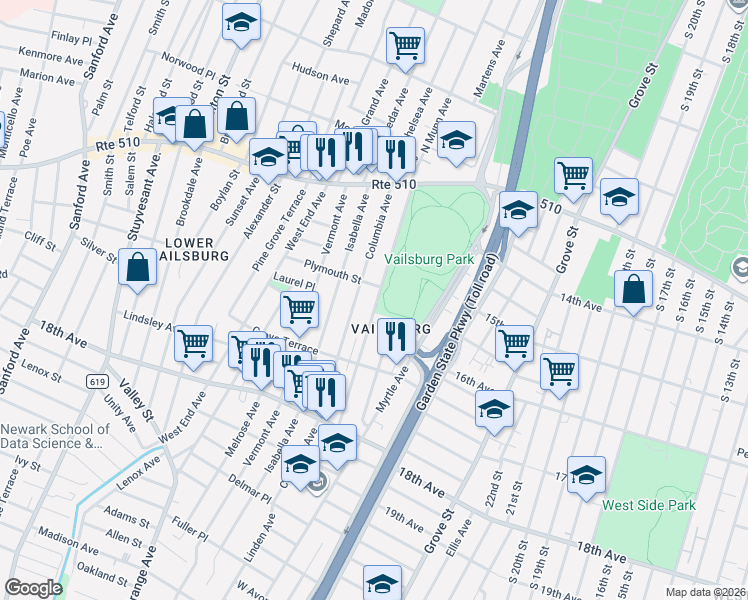 map of restaurants, bars, coffee shops, grocery stores, and more near 100 Columbia Avenue in Newark