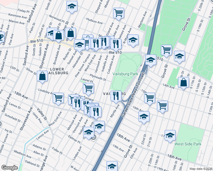 map of restaurants, bars, coffee shops, grocery stores, and more near 100 Columbia Avenue in Newark