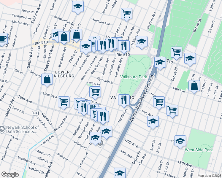 map of restaurants, bars, coffee shops, grocery stores, and more near 100 Columbia Avenue in Newark