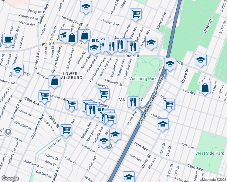 map of restaurants, bars, coffee shops, grocery stores, and more near 105 Isabella Avenue in Newark