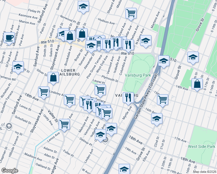map of restaurants, bars, coffee shops, grocery stores, and more near 105 Isabella Avenue in Newark