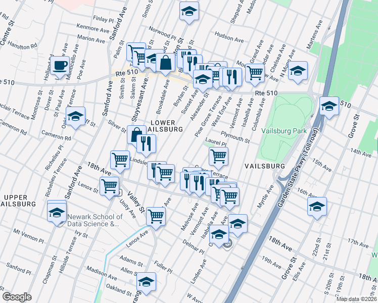 map of restaurants, bars, coffee shops, grocery stores, and more near 119 West End Avenue in Newark