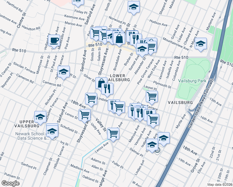 map of restaurants, bars, coffee shops, grocery stores, and more near 134 Sunset Avenue in Newark