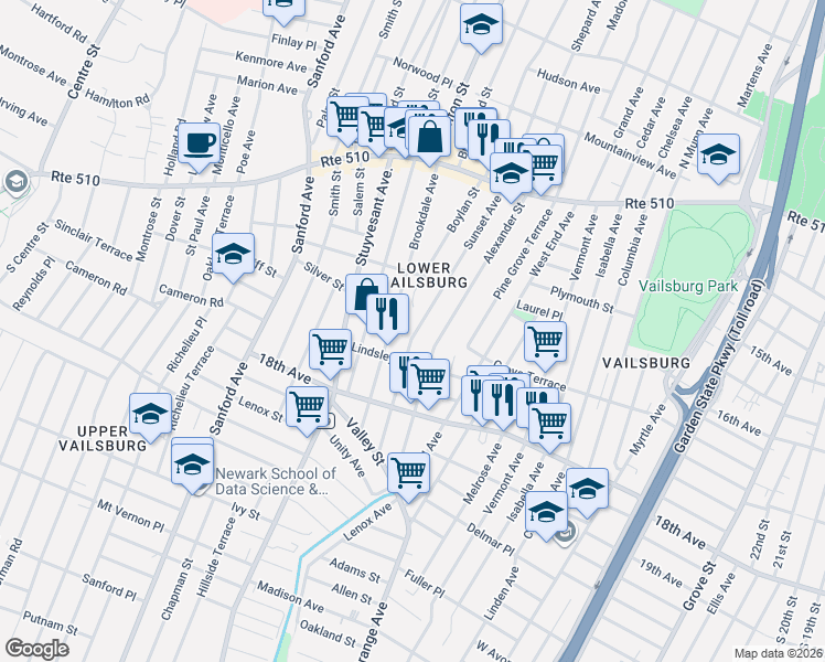 map of restaurants, bars, coffee shops, grocery stores, and more near 134 Sunset Avenue in Newark