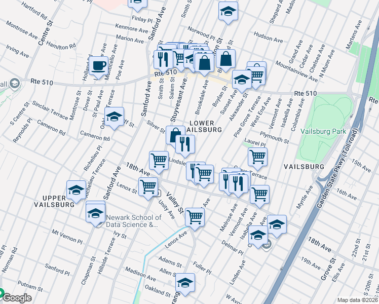 map of restaurants, bars, coffee shops, grocery stores, and more near 145 Brookdale Avenue in Newark