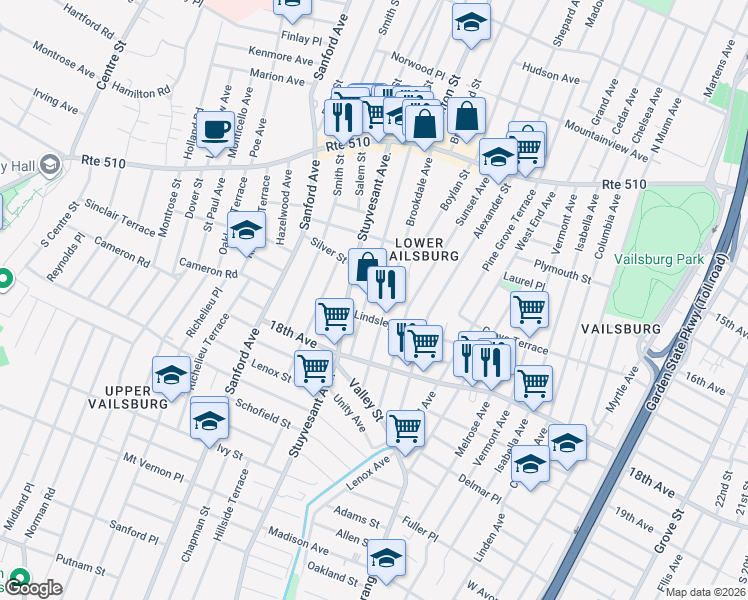 map of restaurants, bars, coffee shops, grocery stores, and more near 145 Brookdale Avenue in Newark