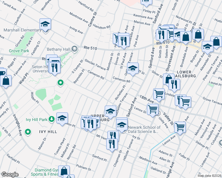 map of restaurants, bars, coffee shops, grocery stores, and more near 30 Eastern Parkway in Newark