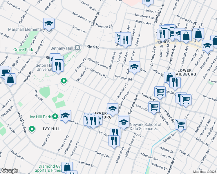 map of restaurants, bars, coffee shops, grocery stores, and more near 30 Eastern Parkway in Newark