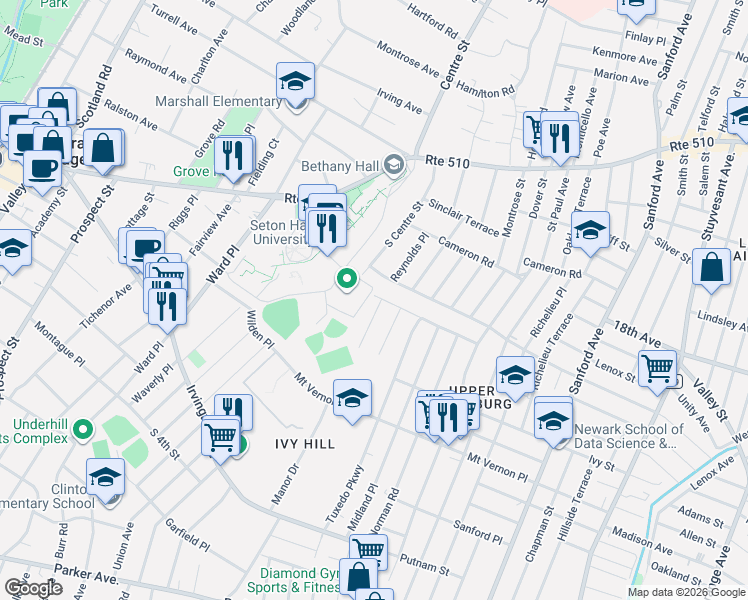 map of restaurants, bars, coffee shops, grocery stores, and more near 101 Woodbine Avenue in Newark