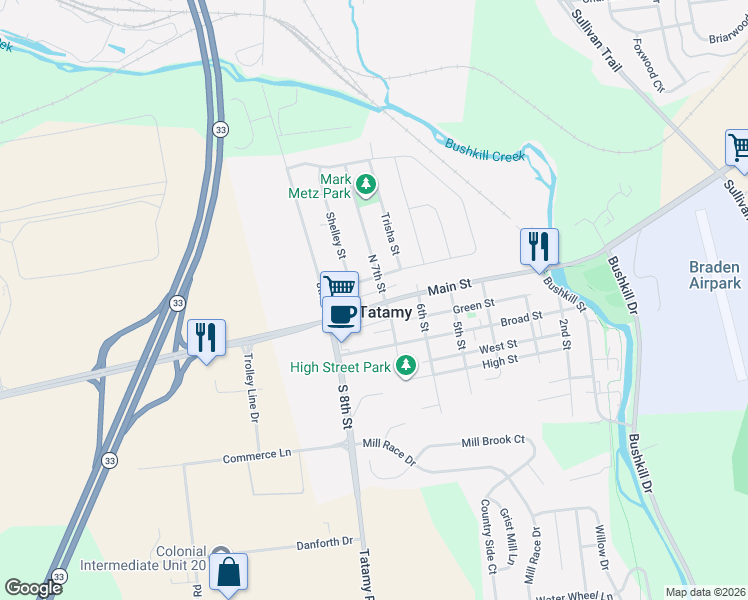 map of restaurants, bars, coffee shops, grocery stores, and more near 720 Spruce Street in Tatamy