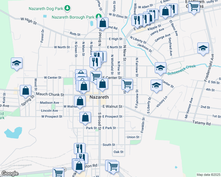 map of restaurants, bars, coffee shops, grocery stores, and more near 46 South Whitfield Street in Nazareth