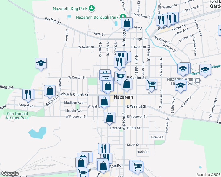 map of restaurants, bars, coffee shops, grocery stores, and more near 36 South Main Street in Nazareth