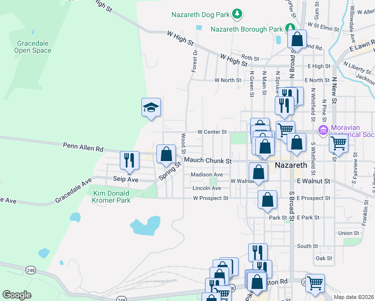 map of restaurants, bars, coffee shops, grocery stores, and more near 331 West Orchard Street in Nazareth