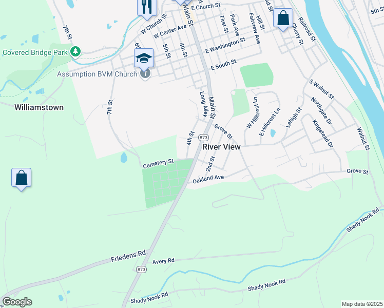 map of restaurants, bars, coffee shops, grocery stores, and more near 7326 Pennsylvania 873 in Slatington