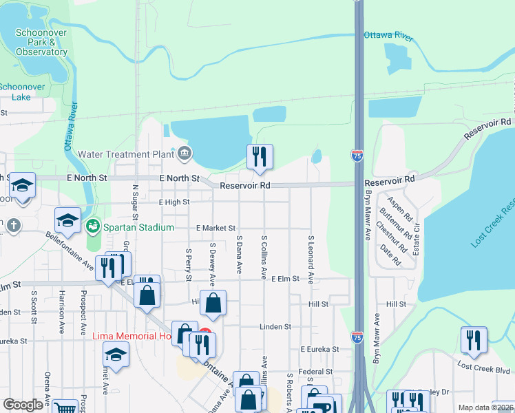 map of restaurants, bars, coffee shops, grocery stores, and more near 1422 East High Street in Lima