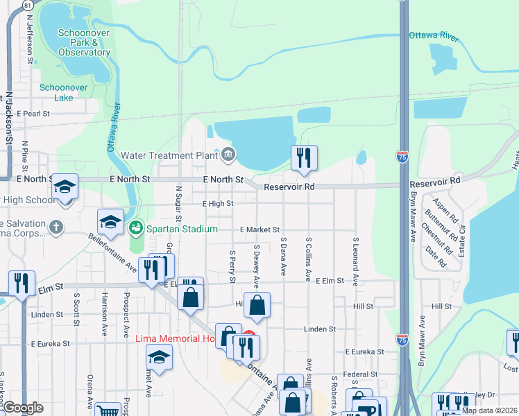 map of restaurants, bars, coffee shops, grocery stores, and more near 1320 East High Street in Lima