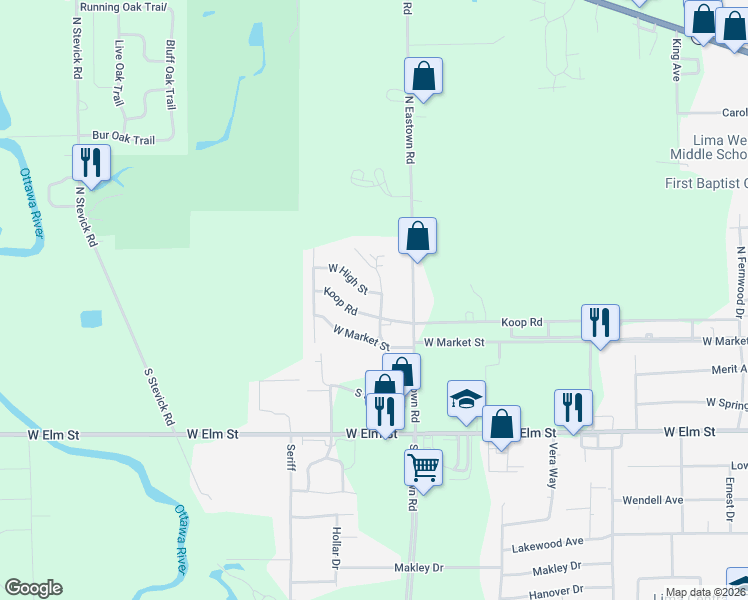 map of restaurants, bars, coffee shops, grocery stores, and more near 2901 West High Street in Lima