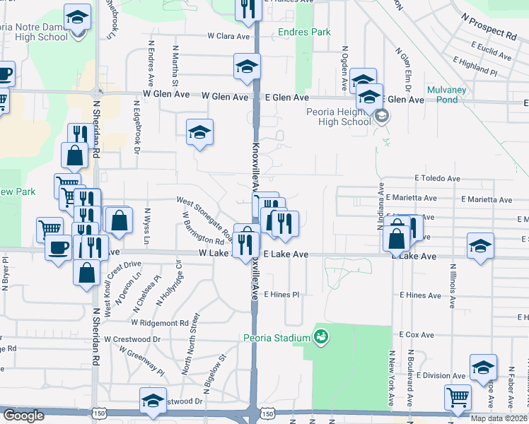 map of restaurants, bars, coffee shops, grocery stores, and more near 4471-4499 North Knoxville Avenue in Peoria