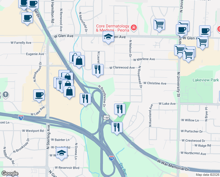 map of restaurants, bars, coffee shops, grocery stores, and more near 1821 West Baywood Avenue in Peoria