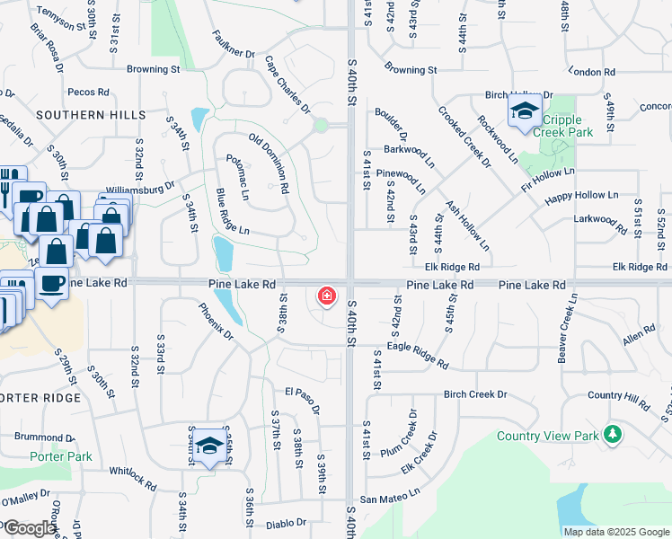 map of restaurants, bars, coffee shops, grocery stores, and more near 3900 Pine Lake Road in Lincoln
