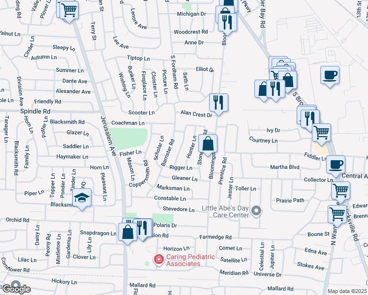 map of restaurants, bars, coffee shops, grocery stores, and more near 26 Stonecutter Road in Levittown