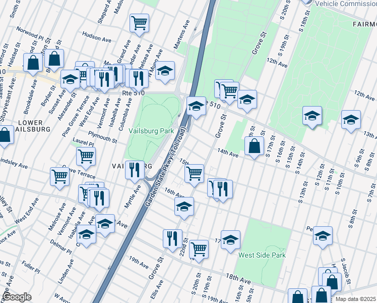 map of restaurants, bars, coffee shops, grocery stores, and more near 67 Oak Avenue in Irvington