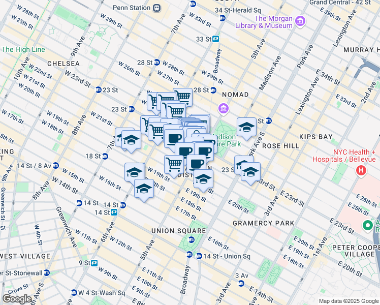 map of restaurants, bars, coffee shops, grocery stores, and more near 168 5th Avenue in New York