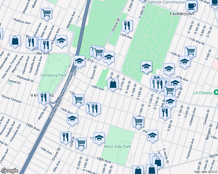 map of restaurants, bars, coffee shops, grocery stores, and more near 457 South 19th Street in Newark