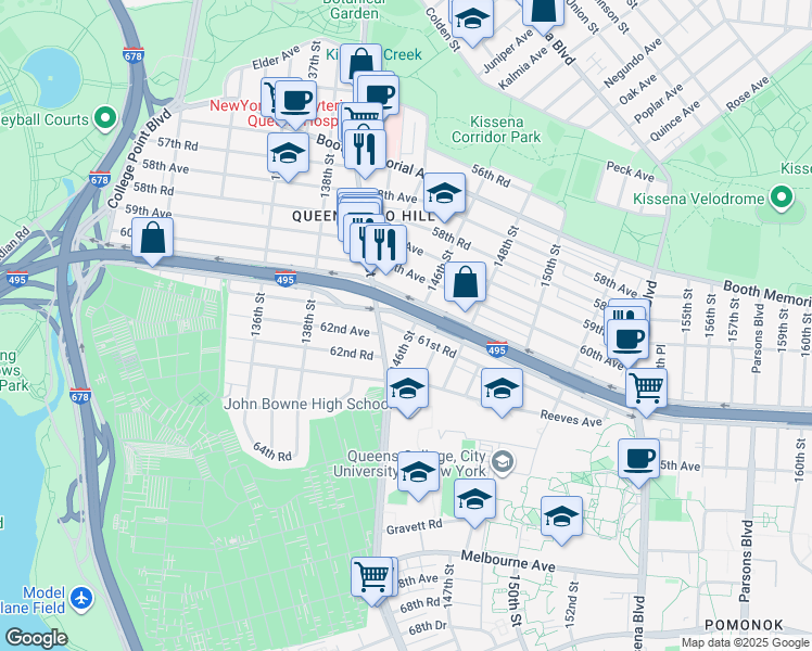 map of restaurants, bars, coffee shops, grocery stores, and more near 142-25 61st Road in Queens