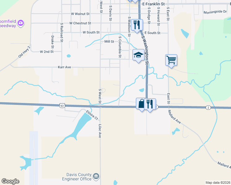 map of restaurants, bars, coffee shops, grocery stores, and more near 1000-1008 South Columbia Street in Bloomfield