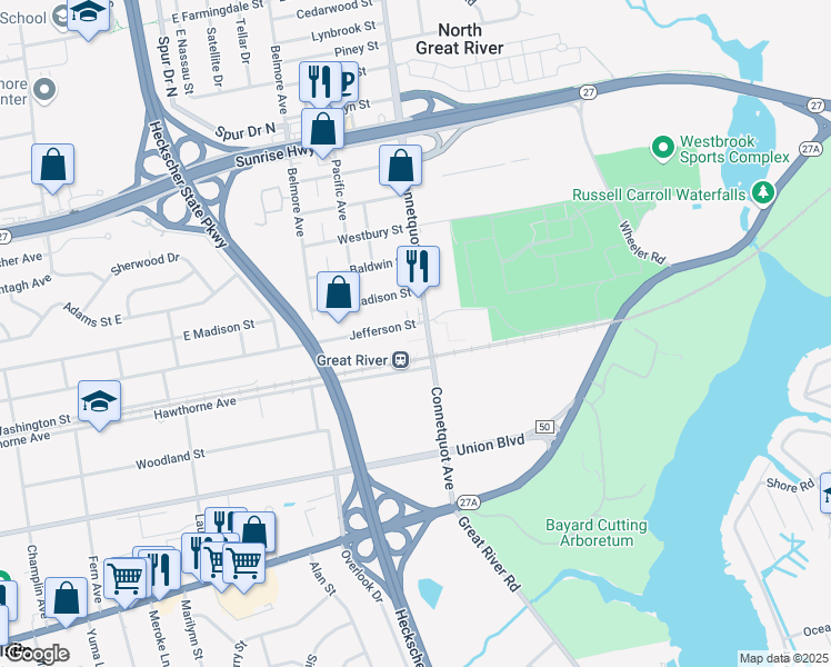 map of restaurants, bars, coffee shops, grocery stores, and more near 100 Connetquot Avenue in East Islip