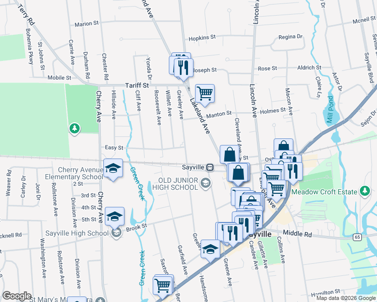 map of restaurants, bars, coffee shops, grocery stores, and more near 195 Greeley Avenue in Sayville
