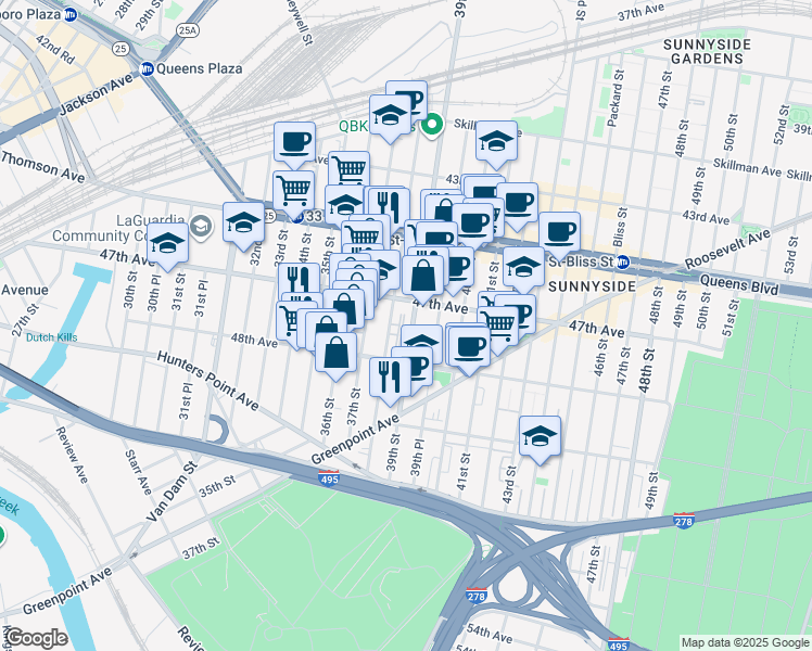 map of restaurants, bars, coffee shops, grocery stores, and more near 47-17 38th Street in Queens