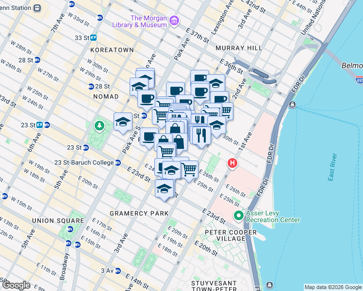 map of restaurants, bars, coffee shops, grocery stores, and more near 203 East 27th Street in New York