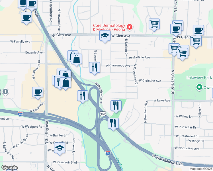 map of restaurants, bars, coffee shops, grocery stores, and more near 1821 West Baywood Avenue in Peoria