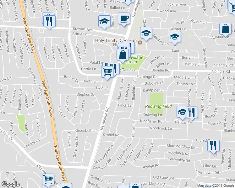 map of restaurants, bars, coffee shops, grocery stores, and more near 32 Albatross Road in Levittown