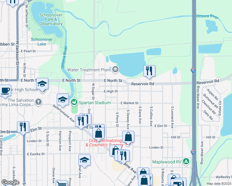 map of restaurants, bars, coffee shops, grocery stores, and more near 1150 East High Street in Lima