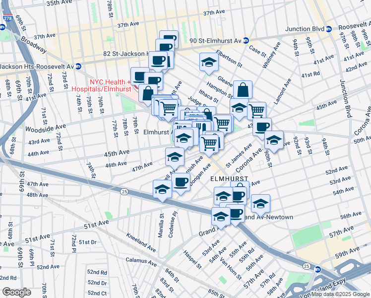map of restaurants, bars, coffee shops, grocery stores, and more near 82-66 Broadway in Queens
