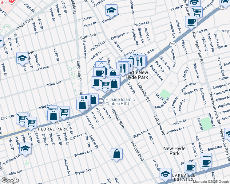 map of restaurants, bars, coffee shops, grocery stores, and more near 412 Hillside Avenue in New Hyde Park