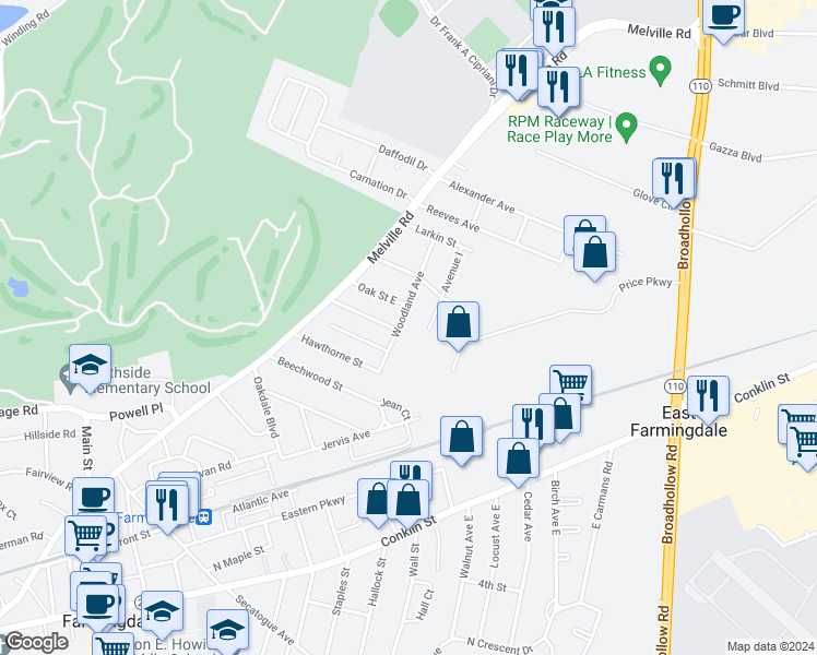 map of restaurants, bars, coffee shops, grocery stores, and more near 19A Woodland Avenue in Farmingdale