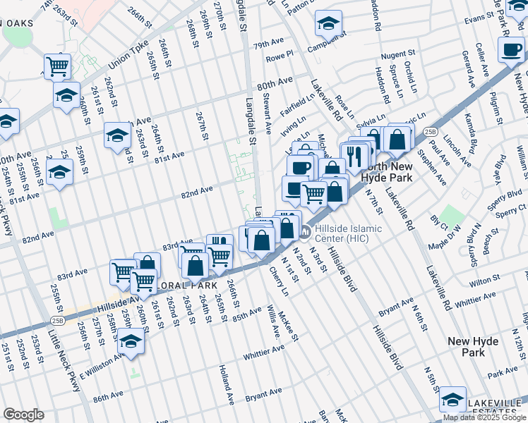 map of restaurants, bars, coffee shops, grocery stores, and more near 8258 Langdale Street in Queens