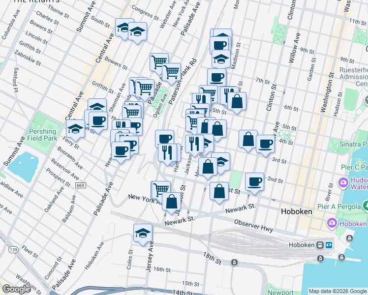 map of restaurants, bars, coffee shops, grocery stores, and more near 210 Harrison Street in Hoboken