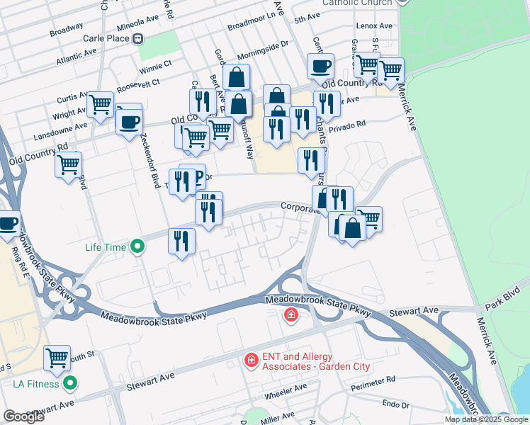 map of restaurants, bars, coffee shops, grocery stores, and more near 307 Trotting Lane in Westbury