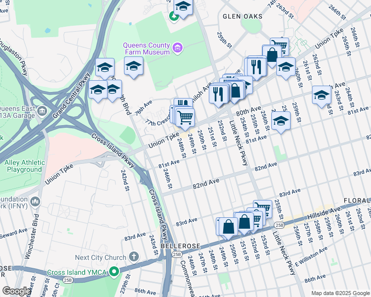 map of restaurants, bars, coffee shops, grocery stores, and more near 80-24 248th Street in Queens