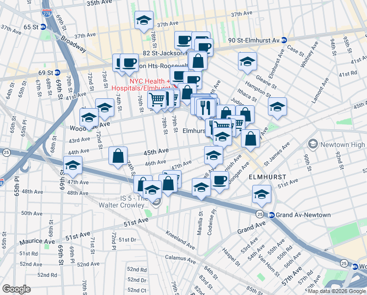 map of restaurants, bars, coffee shops, grocery stores, and more near 79-05 45th Avenue in Queens
