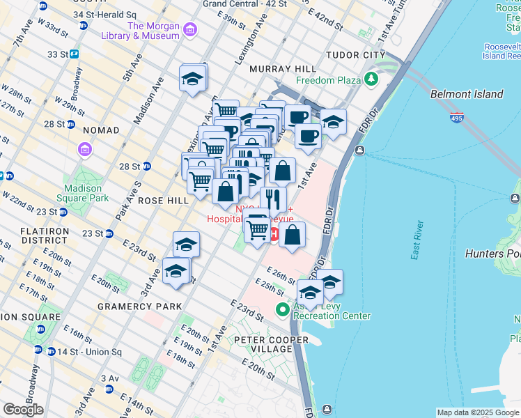 map of restaurants, bars, coffee shops, grocery stores, and more near 323 East 29th Street in New York