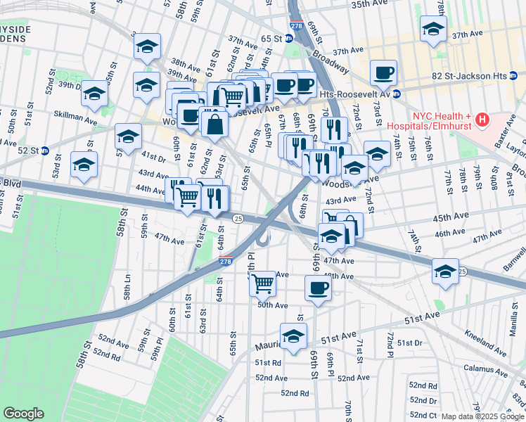 map of restaurants, bars, coffee shops, grocery stores, and more near 42-67 65th Place in Queens