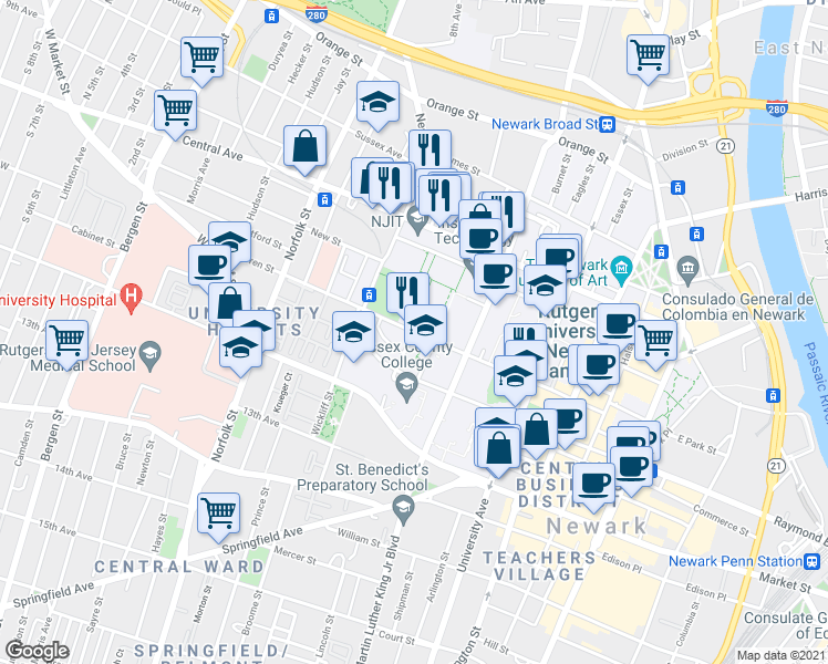 map of restaurants, bars, coffee shops, grocery stores, and more near Warren Street in Newark