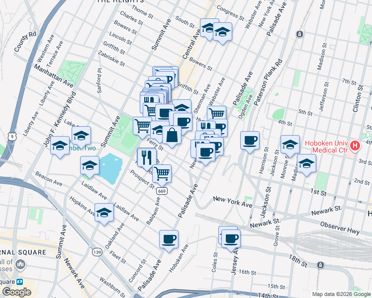 map of restaurants, bars, coffee shops, grocery stores, and more near 19 Sherman Avenue in Jersey City