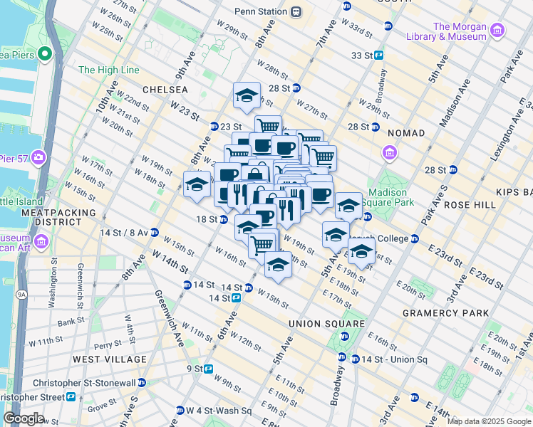 map of restaurants, bars, coffee shops, grocery stores, and more near 121A West 20th Street in New York